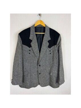 Vintage Pioneer Wear Mens Western Blazer Grey Tweed Black Men 54L Tall USA